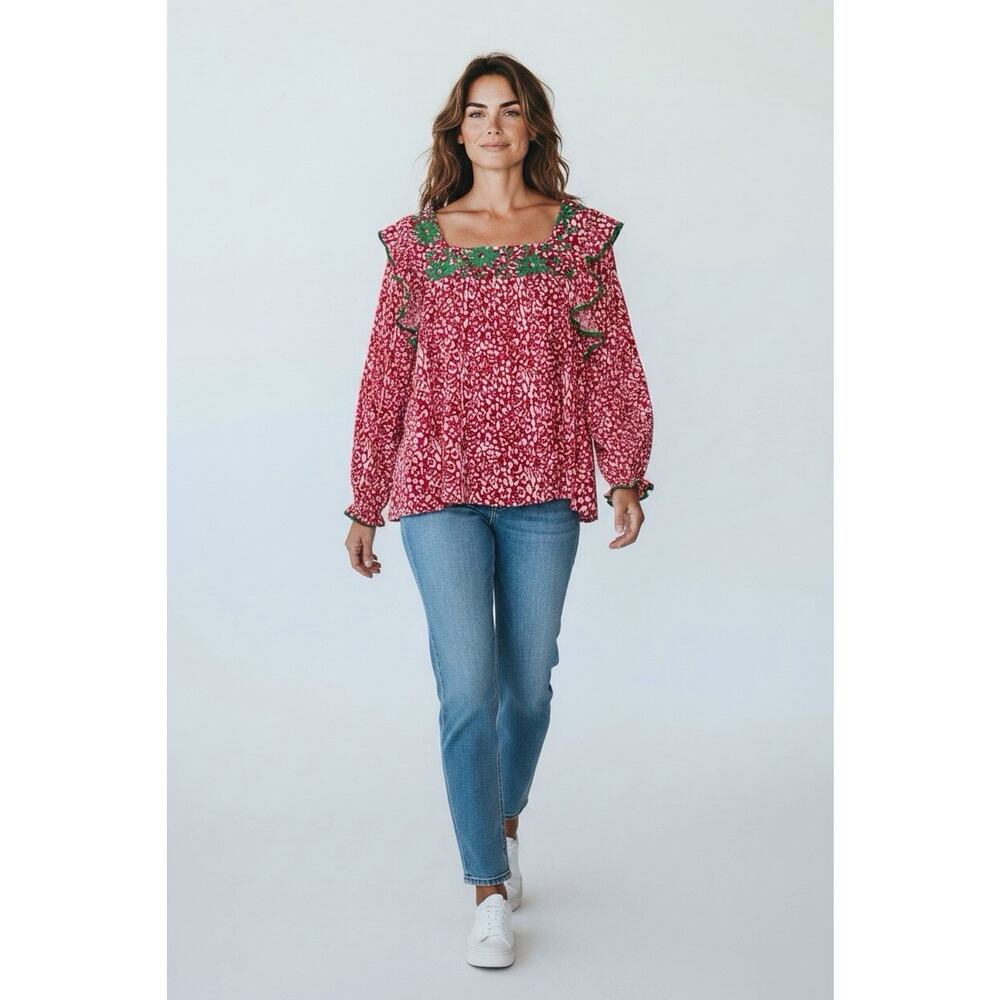 ODDY Womenst Top Shirt Large Pink Long Sleeve Flower 100% Rayon Pullover Boho